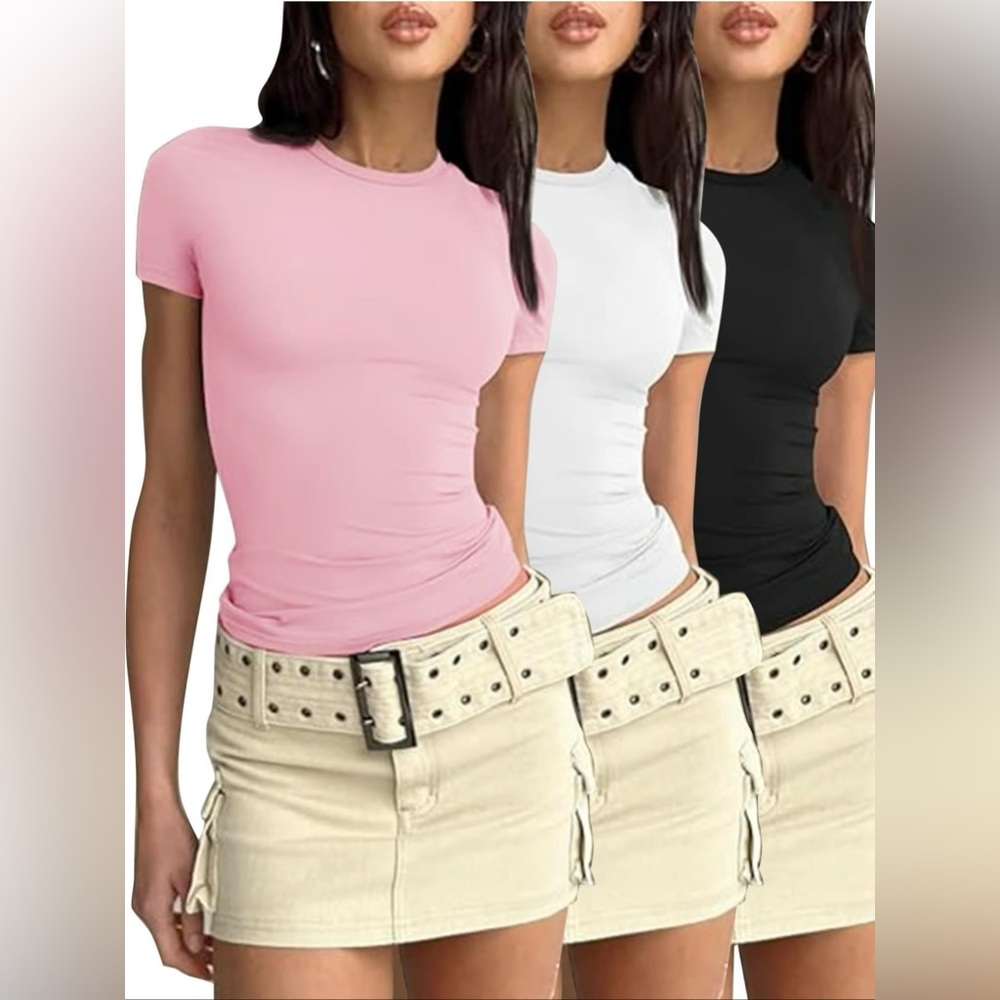 women’s plain round neck tee casual basic short sleeve t-shirt 3 pack